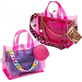 BAG - TOTE IN CLEAR PINK, WATERPROOF PVC WITH LEATHER POUCH, WALLET, CHAINS & KEYRING  "ALEX KATSAITI X STYLISHIOUS"